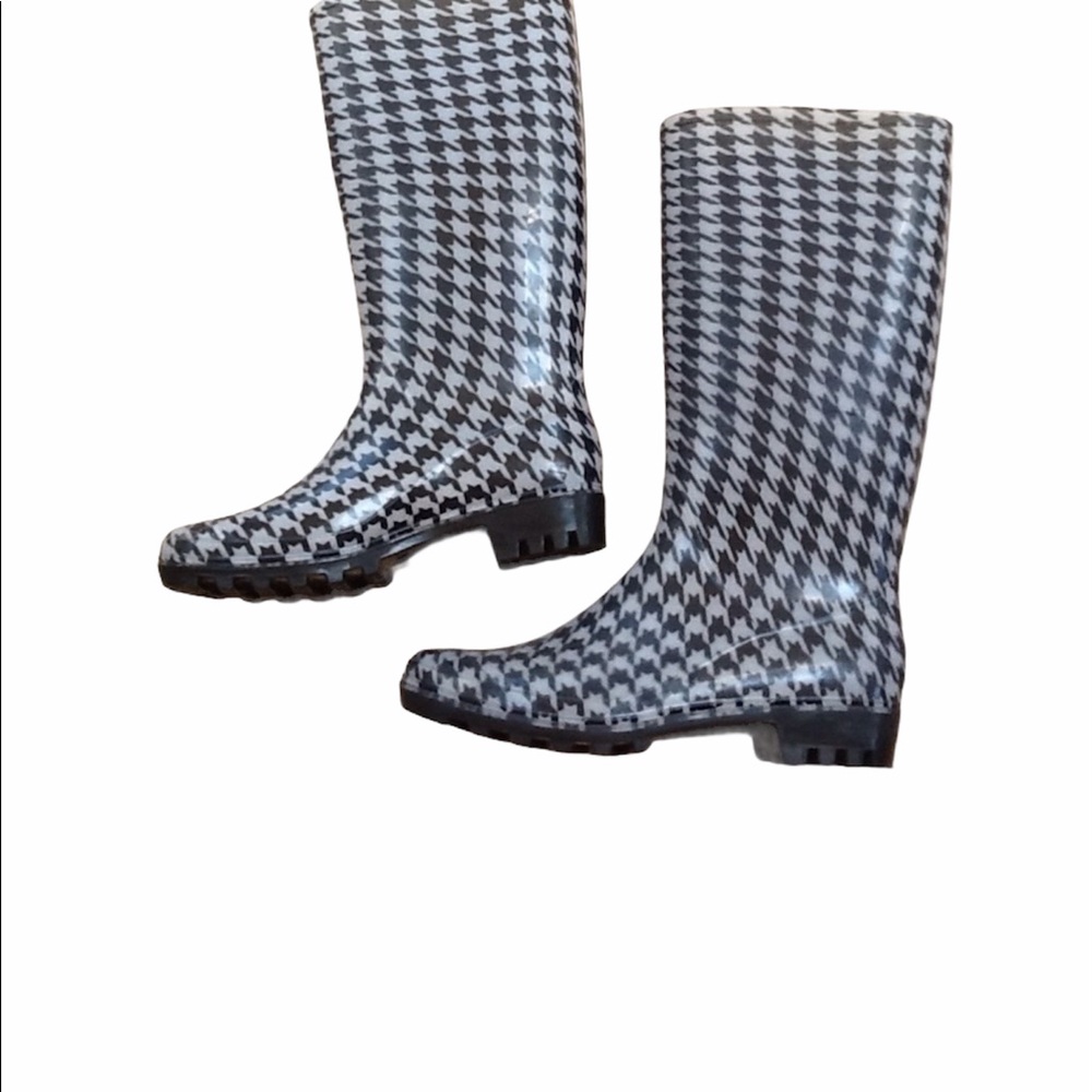 Shiny Black & White Check Houndstooth Rain Boot Wellies 70’s London Twiggy